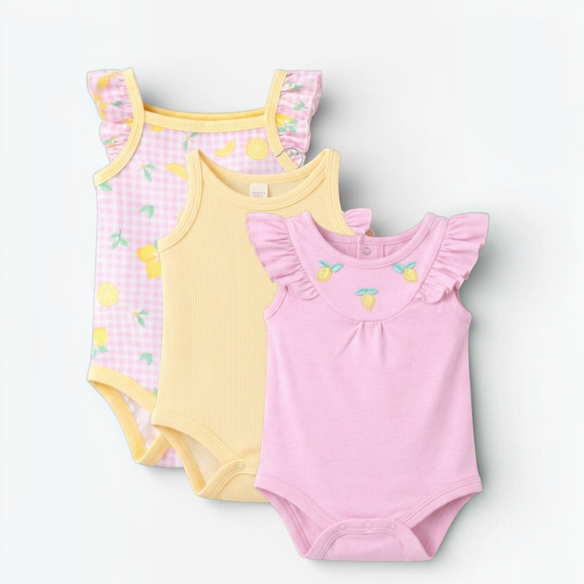 victor and jane baby girls 3-piece bodysuit set featuring lemon prints, gingham patterns, and ruffled sleeves.