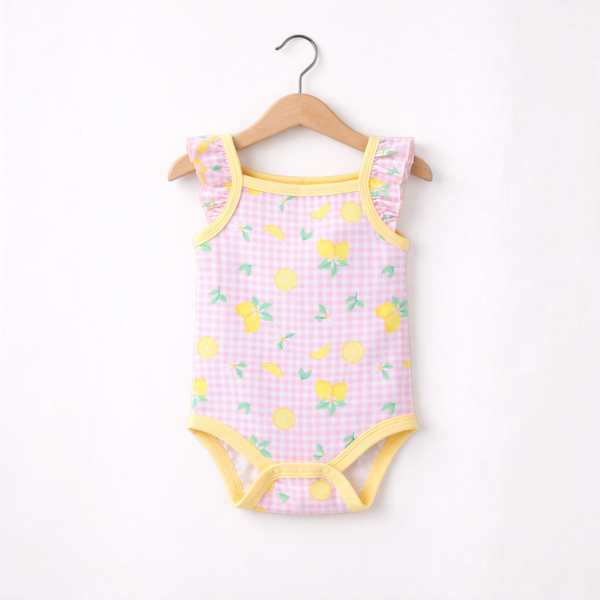 victor and jane baby girls bodysuit with pink gingham pattern, lemon print, and yellow ruffled shoulder trim
