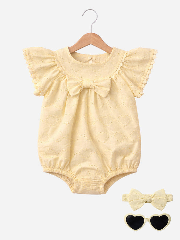 Baby Girls’ Broderie Romper “ Heart Eyelet Cotton Playsuit (Yellow)