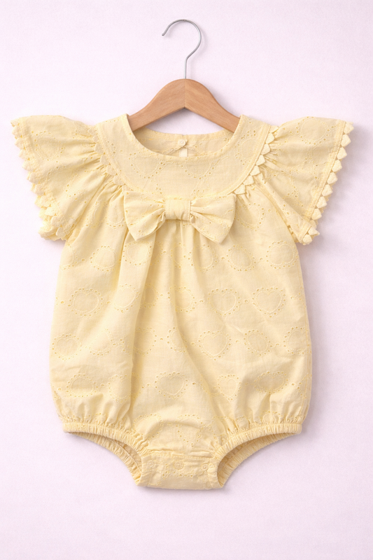 Baby Girls’ Broderie Romper “ Heart Eyelet Cotton Playsuit (Yellow)
