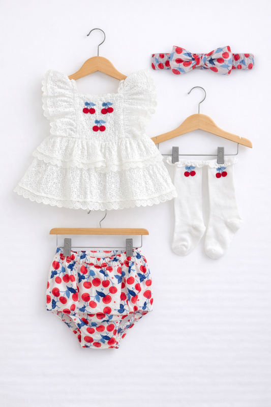 Baby Girls’ 4-Piece Broderie Dress Set “ Cherry Print Bloomers, Headband & Socks