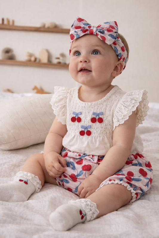 Baby Girls’ 4-Piece Broderie Dress Set “ Cherry Print Bloomers, Headband & Socks