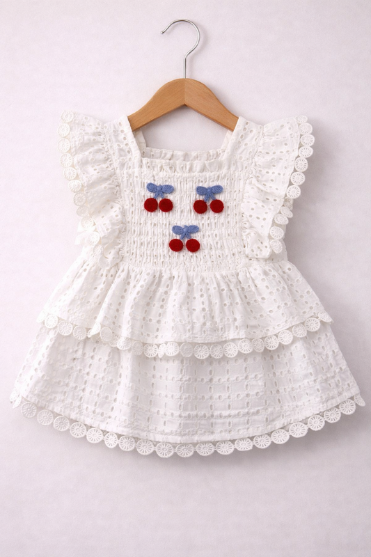 Baby Girls’ 4-Piece Broderie Dress Set “ Cherry Print Bloomers, Headband & Socks