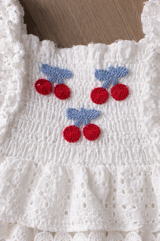 Baby Girls’ 4-Piece Broderie Dress Set “ Cherry Print Bloomers, Headband & Socks