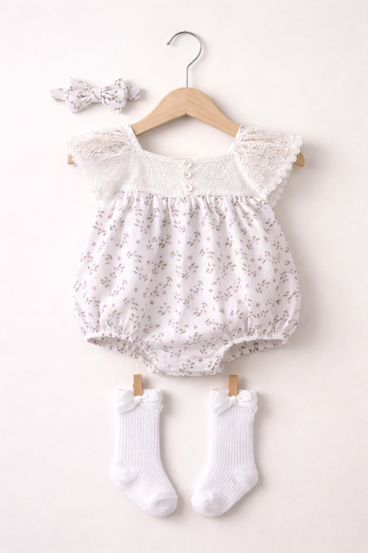 Baby Girls’ 3-Piece Woven Romper Set “ Lace Yoke Floral Bubble Romper, Headband & Socks