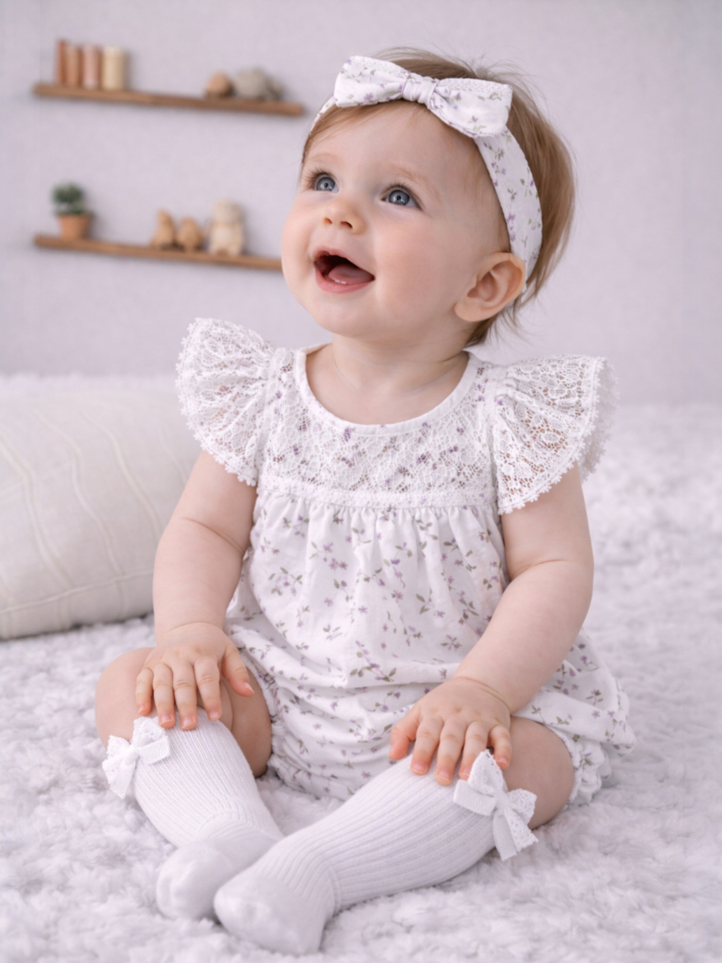 Baby Girls’ 3-Piece Woven Romper Set “ Lace Yoke Floral Bubble Romper, Headband & Socks