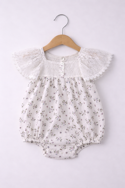 Baby Girls’ 3-Piece Woven Romper Set “ Lace Yoke Floral Bubble Romper, Headband & Socks