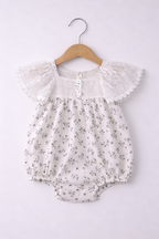 Baby Girls’ 3-Piece Woven Romper Set “ Lace Yoke Floral Bubble Romper, Headband & Socks