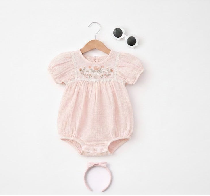 Baby Girls’ Embroidered Bodysuit 3 Pc Set With Matching Hairband And Glasses– (Pink)