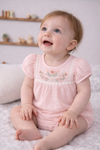 Baby Girls’ Embroidered Bodysuit 3 Pc Set With Matching Hairband And Glasses– (Pink)