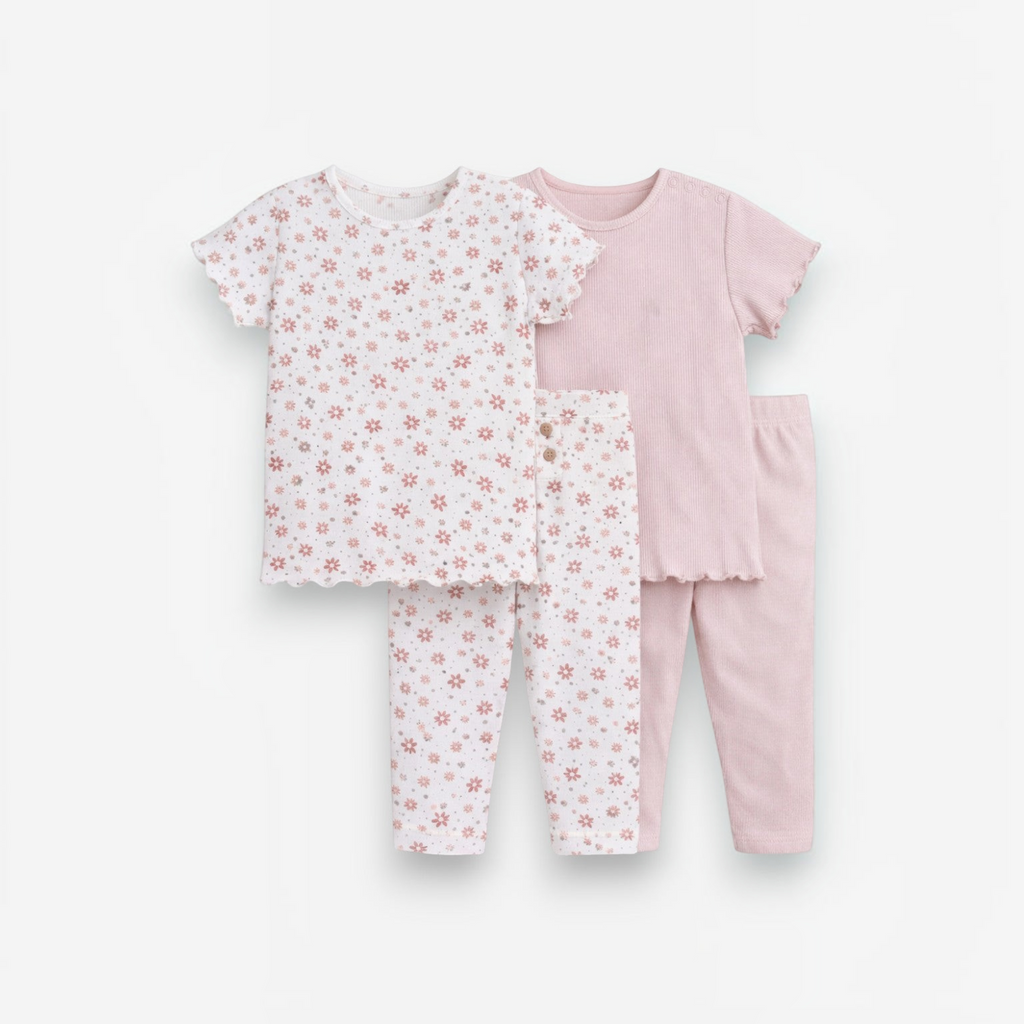 victor and jane baby girls 2-piece set featuring a floral print shirt and leggings and a solid pink ribbed set