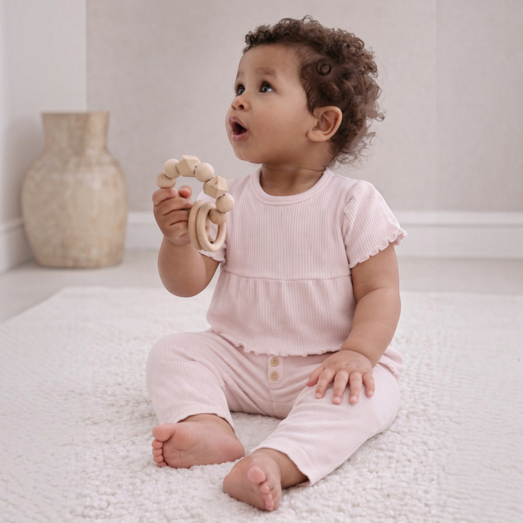 Baby girl wearing a soft pink ribbed victor and jane two-piece shirt and legging set while playing with a wooden toy.
