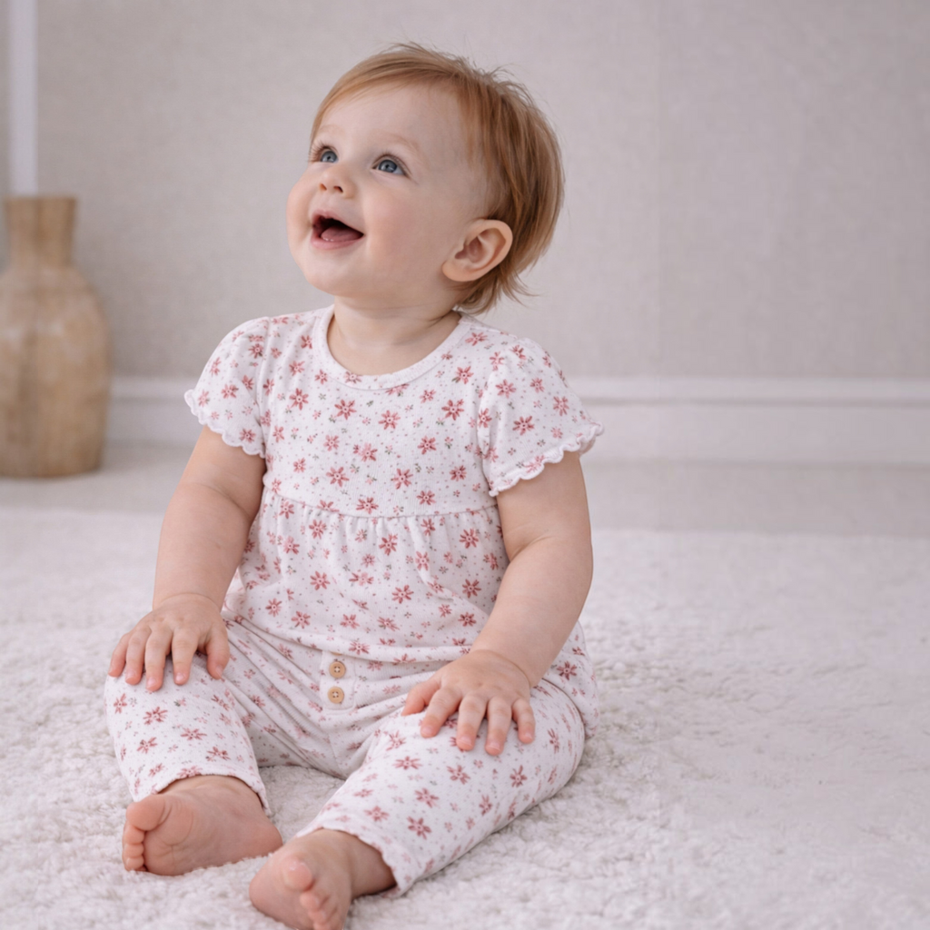victor and jane baby girl wearing a white two-piece shirt and pants set with a delicate pink floral print