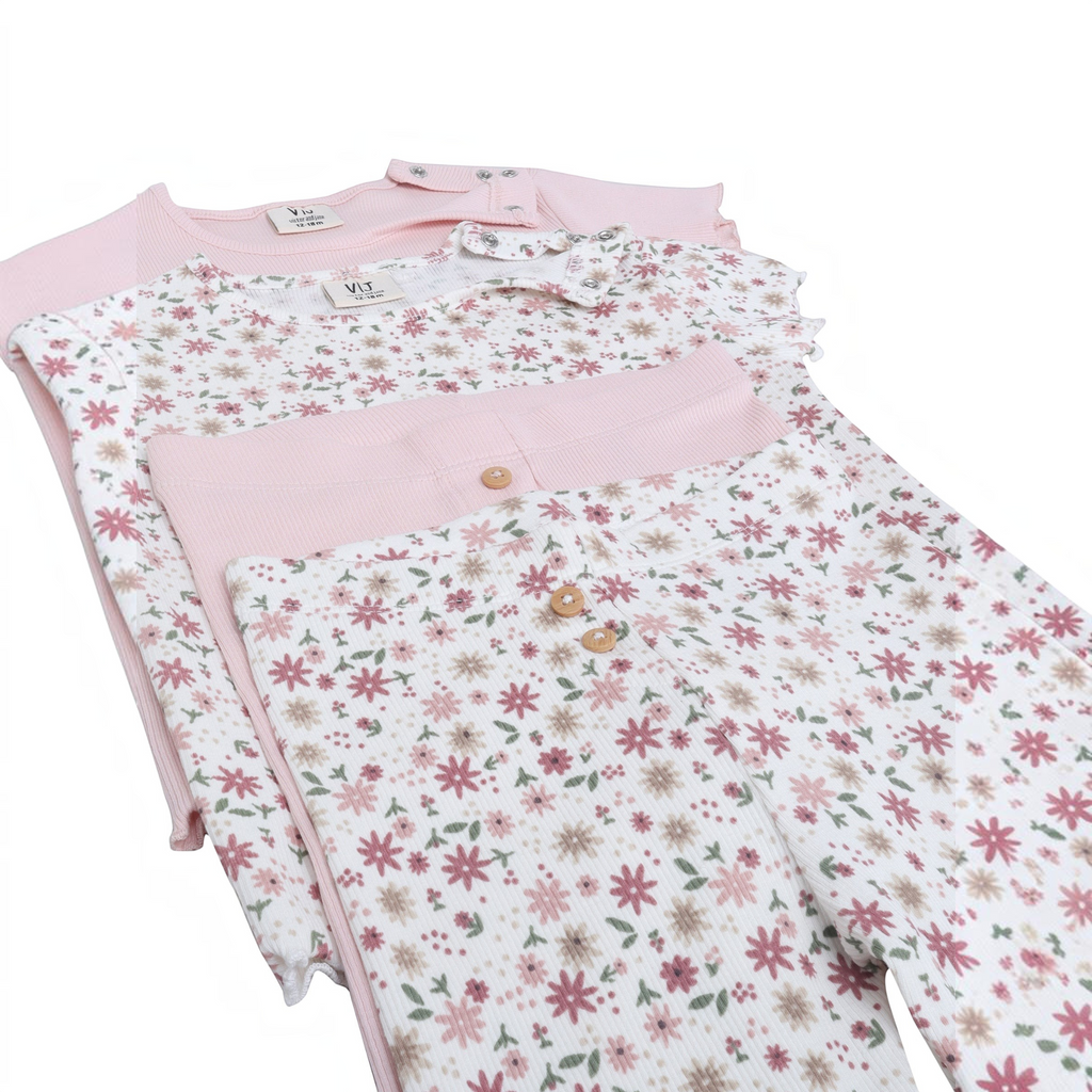 victor and jane baby girls 2-piece set featuring a solid pink ribbed shirt and a floral print ribbed shirt