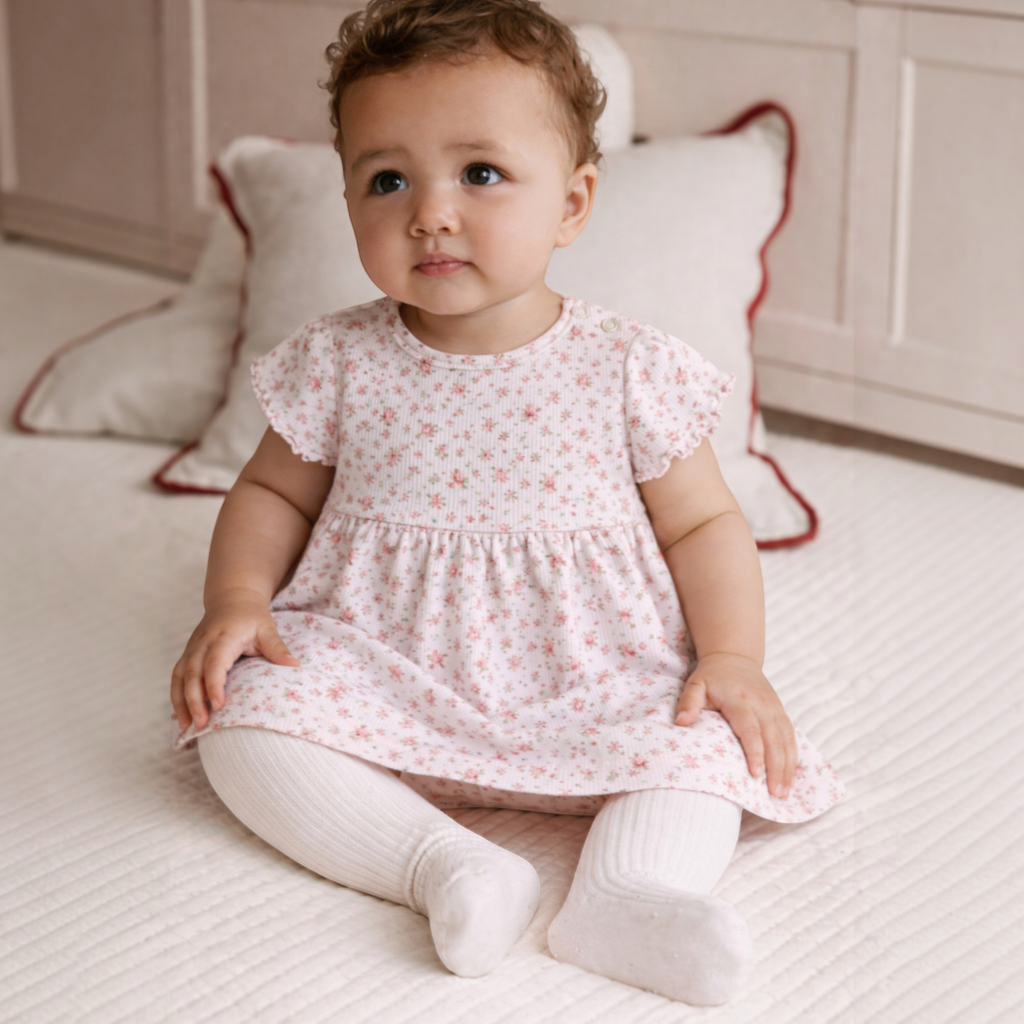 Baby girl wearing a victor and jane pink floral print dress with matching white ribbed tights while sitting on a rug.