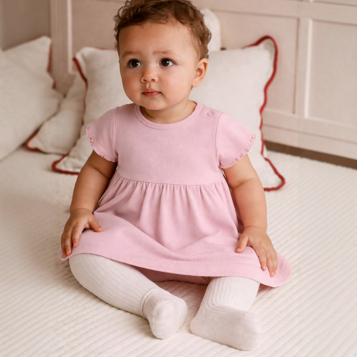 Baby girl wearing a soft pink ribbed dress from victor and jane with white tights, sitting on a textured bed.