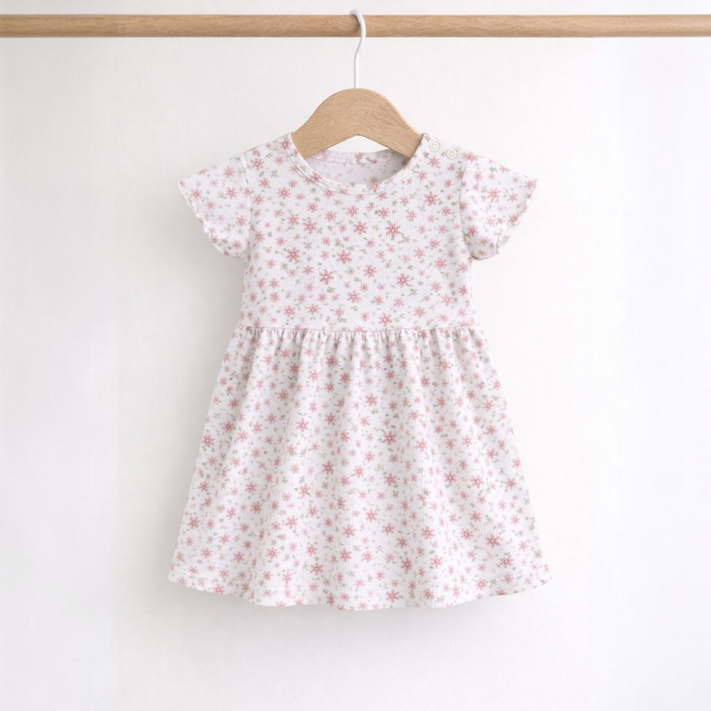victor and jane baby girls dress with a white and pink floral pattern, short sleeves, and shoulder snap buttons