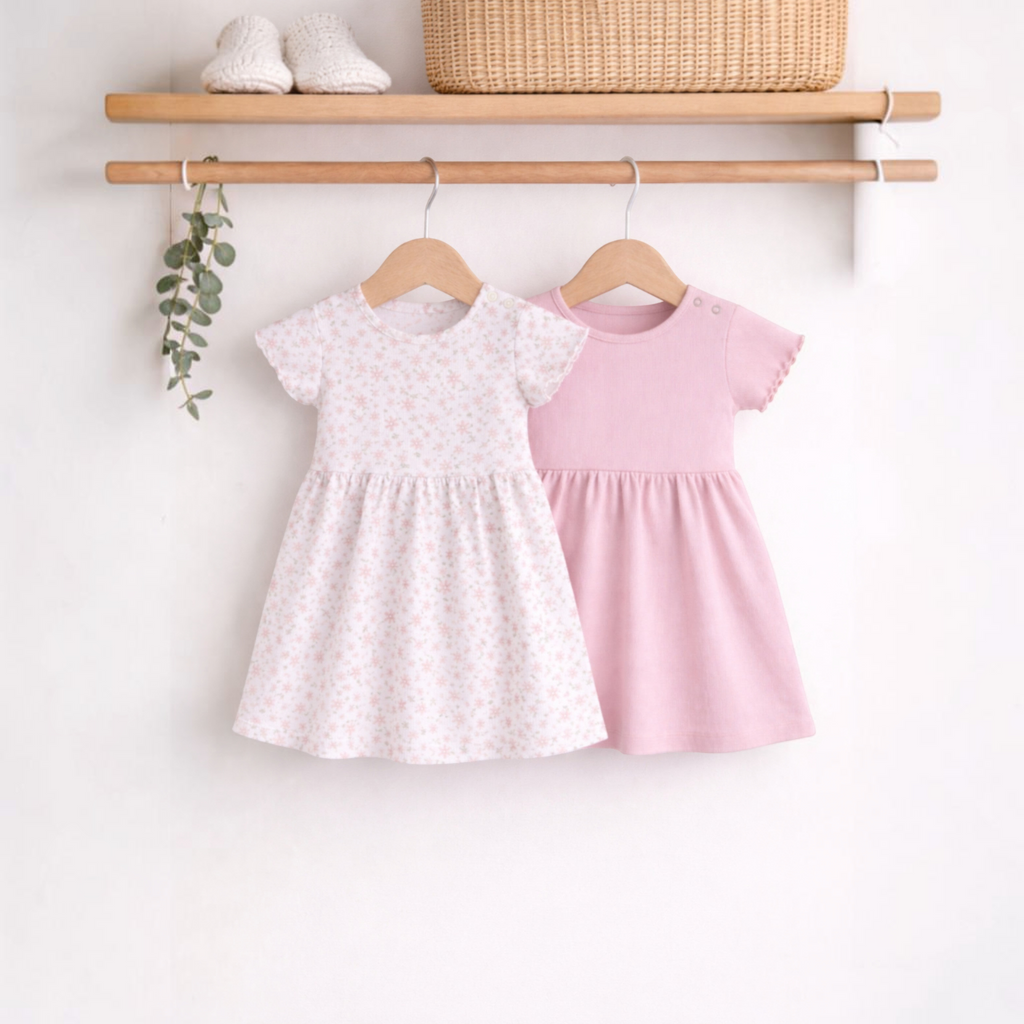 victor and jane baby girls 2-piece dress set featuring a floral print dress and a solid pink dress on wooden hangers