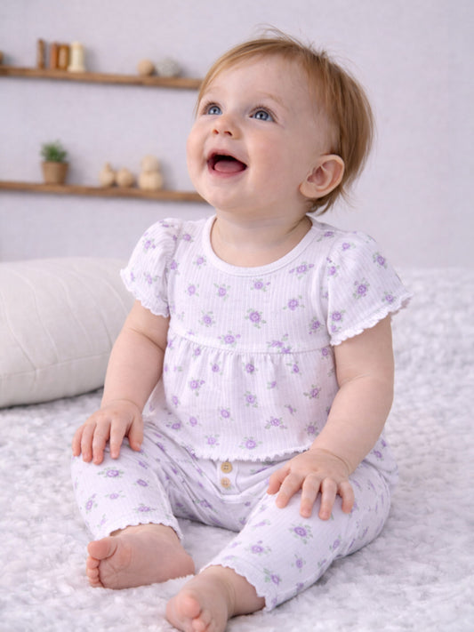 Infant Girls 2-Pack Rib T-Shirts & 2-Pack Rib Leggings Set (Hearts & Lilac Stripe)