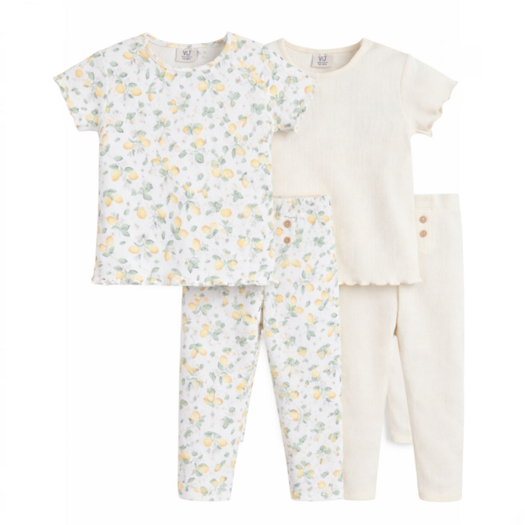 victor and jane baby girls 2pc set featuring a lemon print top and leggings alongside a solid cream ribbed outfit