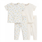 victor and jane baby girls 2pc set featuring a lemon print top and leggings alongside a solid cream ribbed outfit