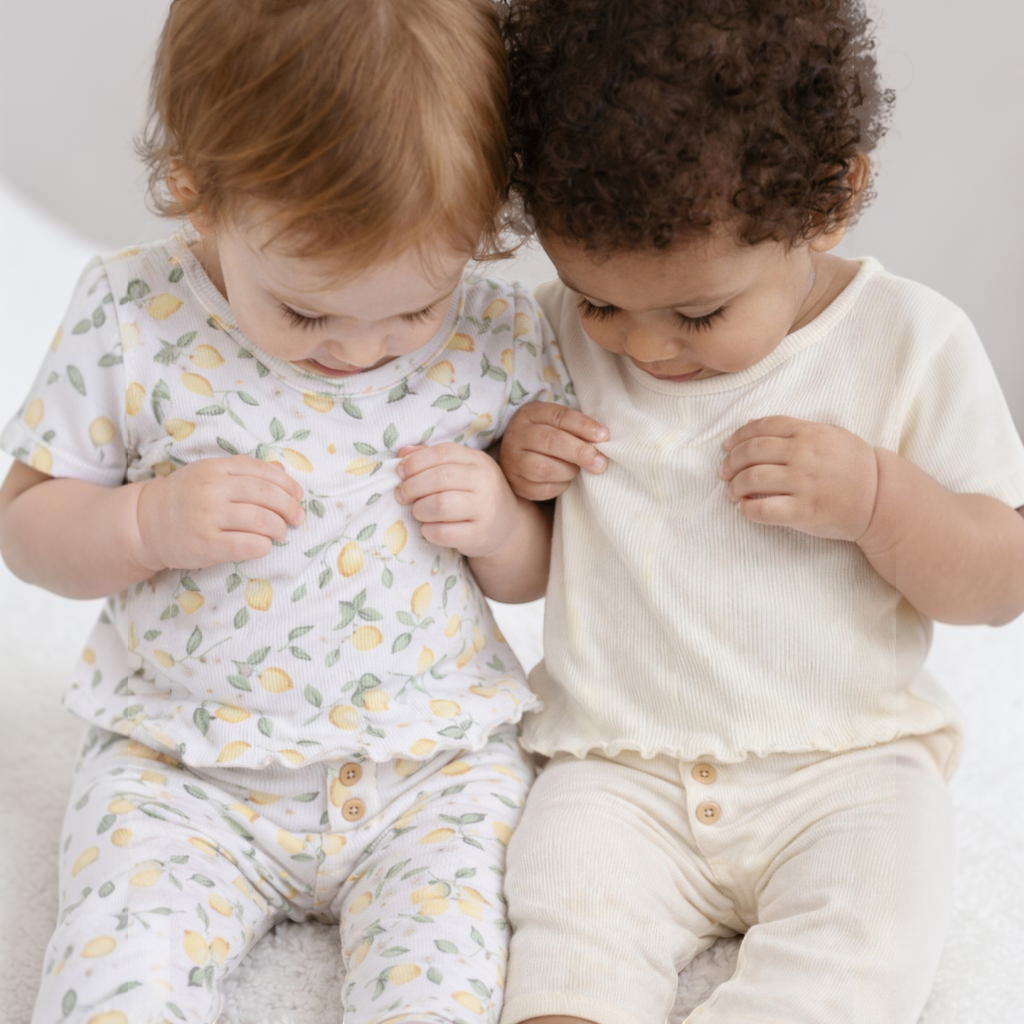 Two baby girls wearing victor and jane matching two-piece sets in lemon print and cream ribbed cotton
