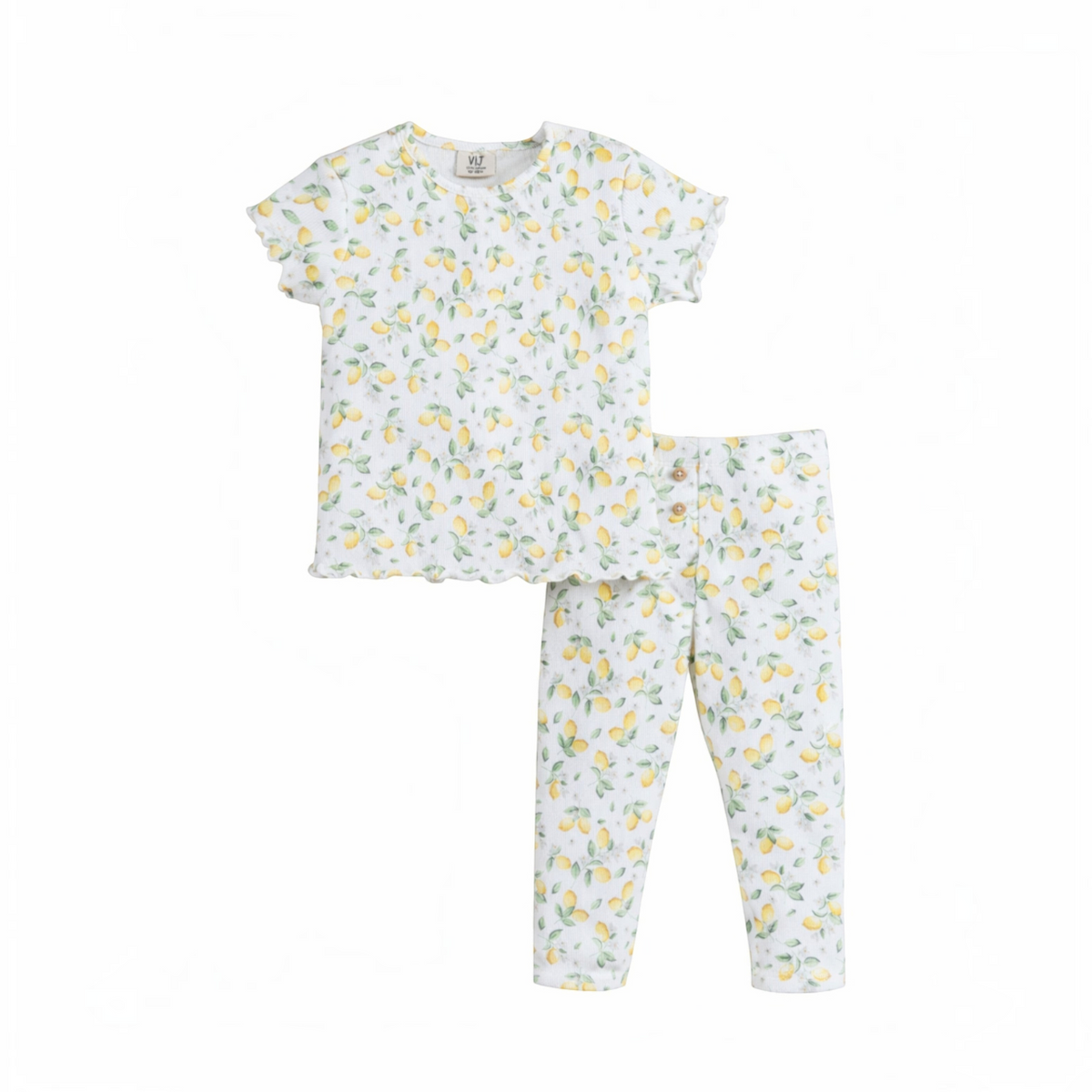victor and jane baby girls 2-piece set featuring a white short-sleeve top and leggings with a yellow lemon print