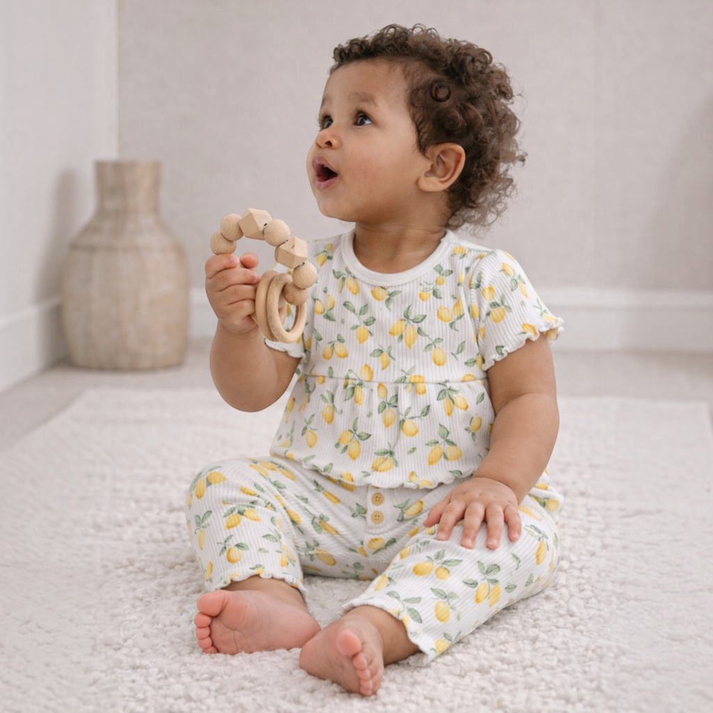 Baby girl wearing a victor and jane two-piece ribbed set with a yellow lemon print, holding a wooden teething ring.