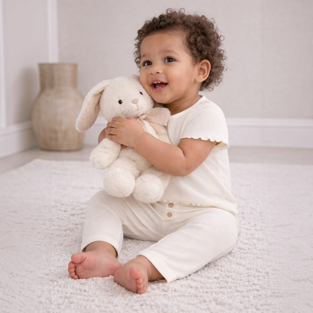 A happy toddler wearing a cream ribbed victor and jane two-piece set while hugging a plush white bunny toy.
