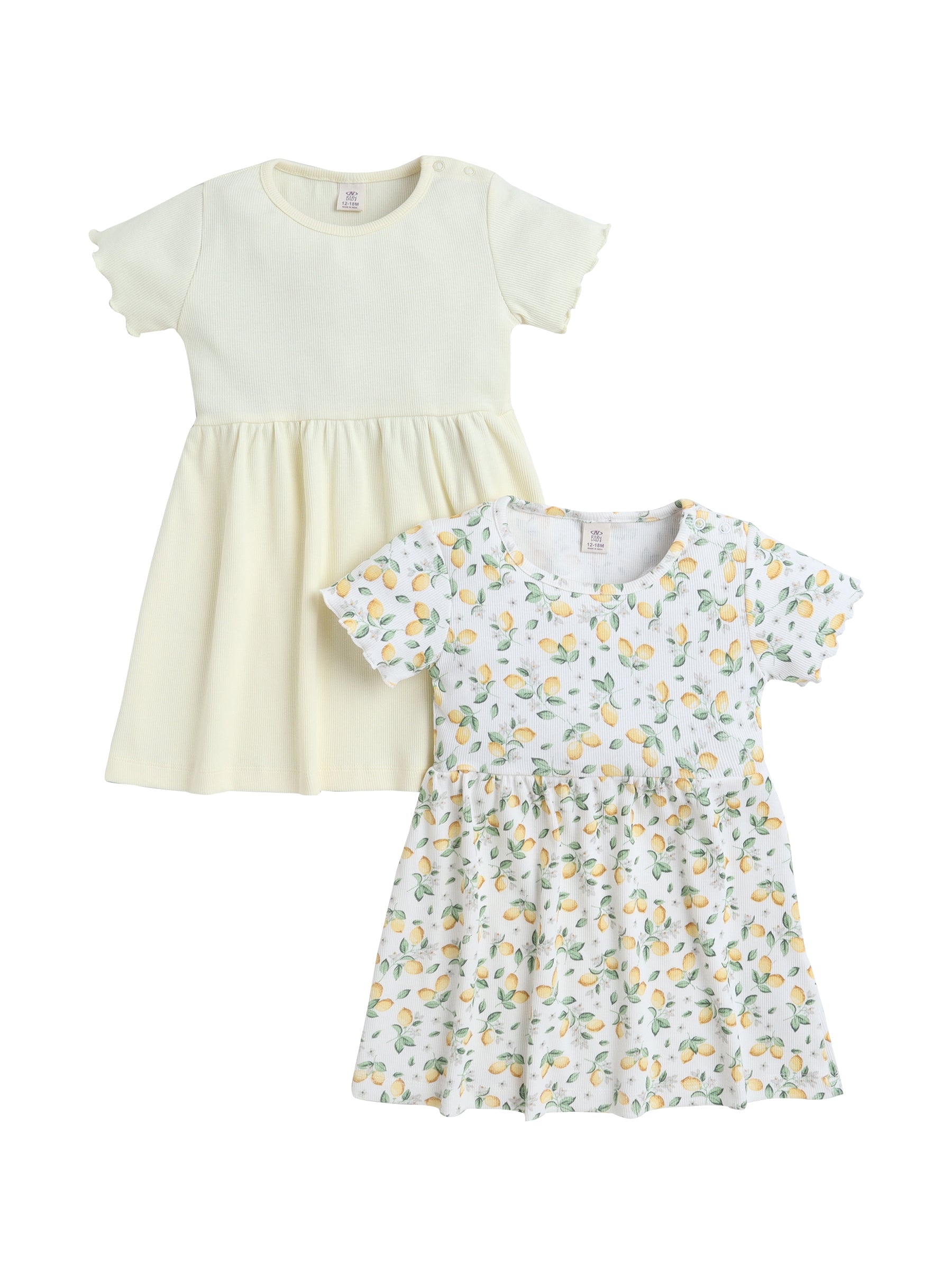Infant Girls 2-Pack Rib Dresses (Printed & Solid Light Yellow)