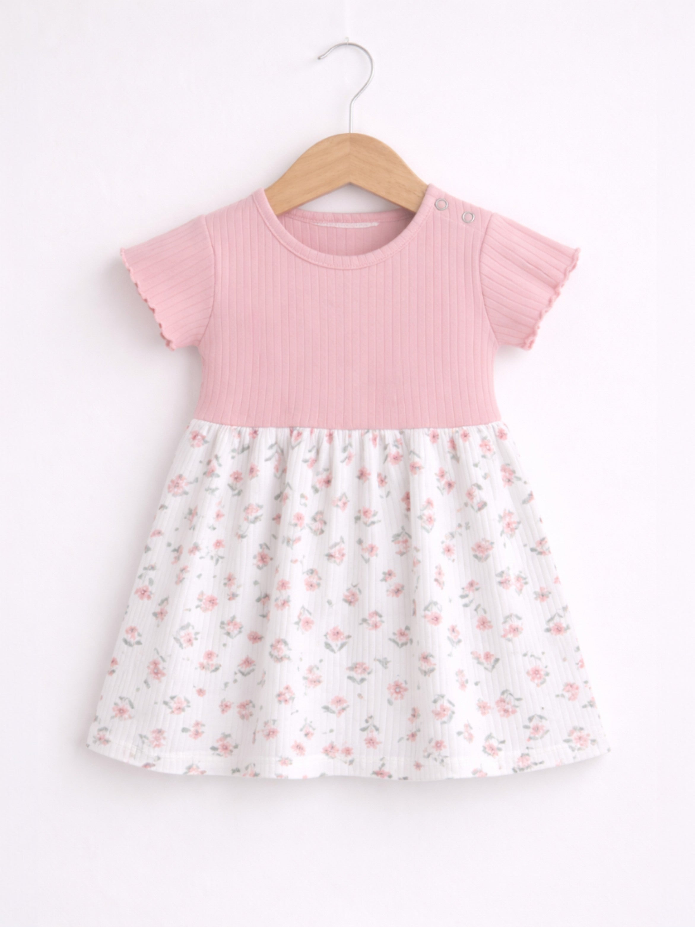 Infant Girls Drop Needle Dress With Floral Skirt (Small Embroidery Detail