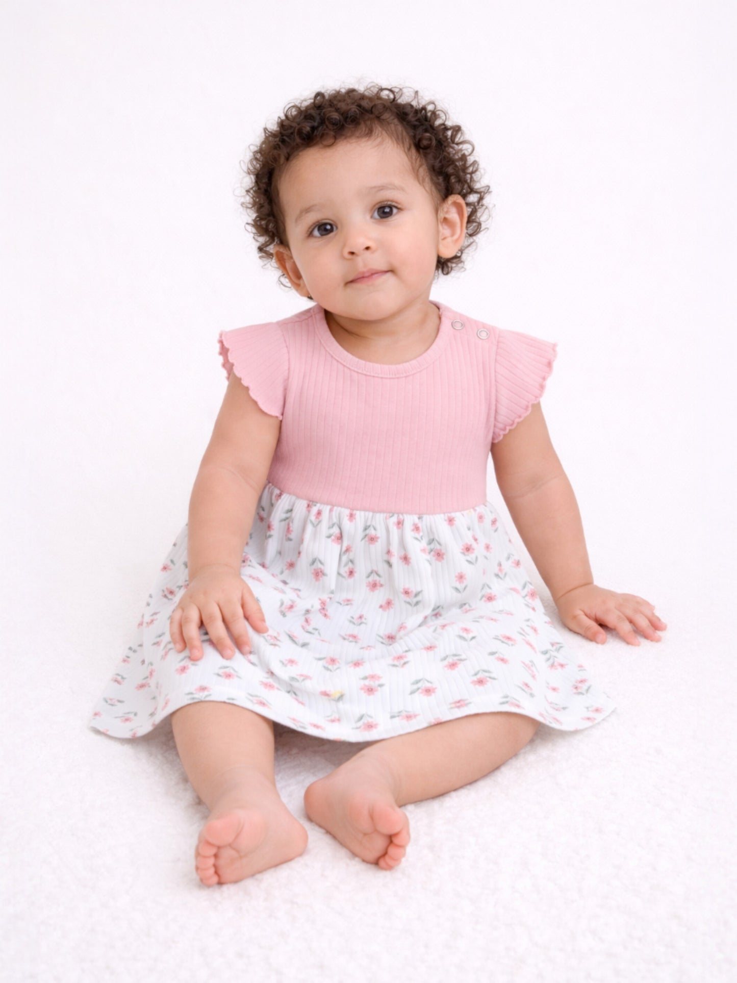 Infant Girls Drop Needle Dress with Floral Skirt (Small Embroidery Detail