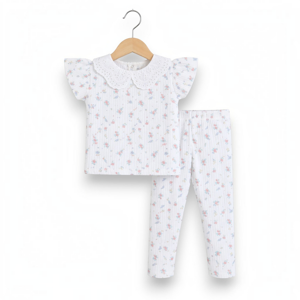 victor and jane baby girls 2-piece set with white floral ribbed shirt featuring a lace collar and matching leggings