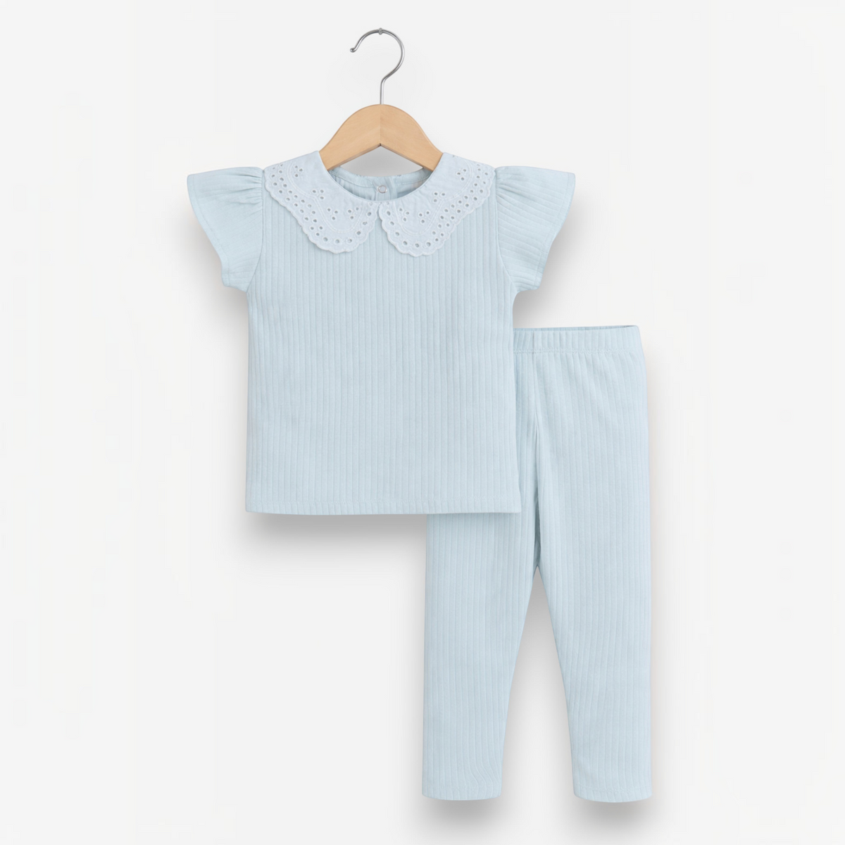 victor and jane baby girls light blue ribbed two-piece set with a white eyelet peter pan collar on a hanger