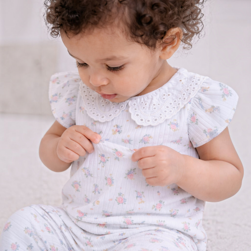Toddler girl wearing a victor and jane white ribbed shirt set with floral print and a delicate eyelet lace collar.