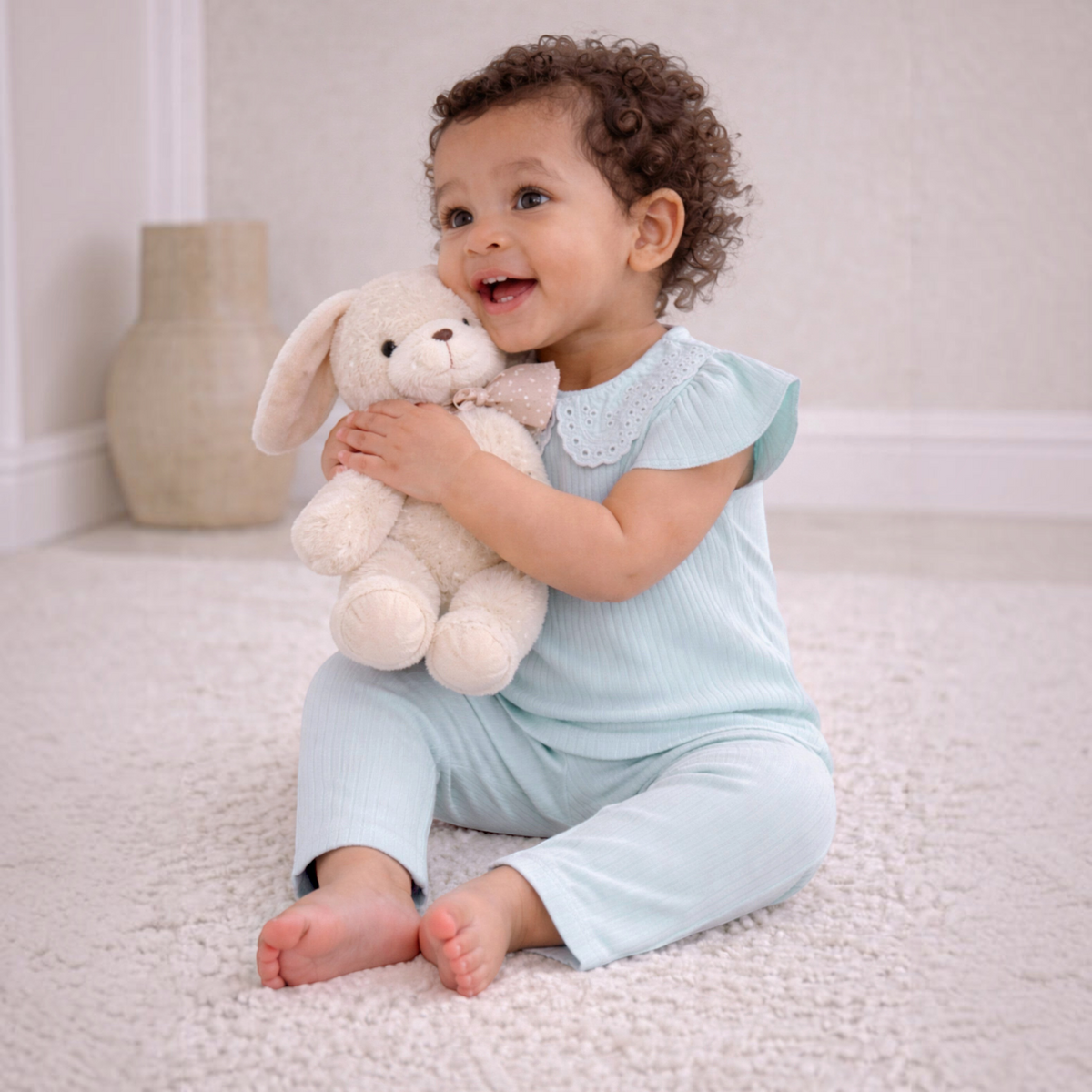 A toddler girl wearing a victor and jane light blue ribbed two-piece shirt set, hugging a plush bunny toy.