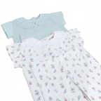 victor and jane baby girls two-piece shirt set featuring a solid mint green top and a floral print top with lace