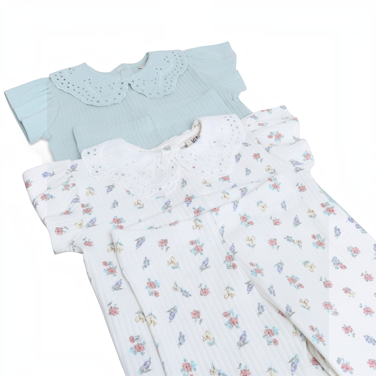 victor and jane baby girls two-piece shirt set featuring a solid mint green top and a floral print top with lace