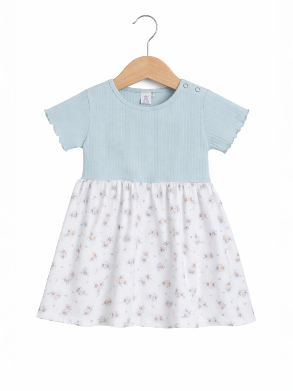 Infant Girls Drop Needle Dress With Floral Print Skirt (Mint Stripe Top)