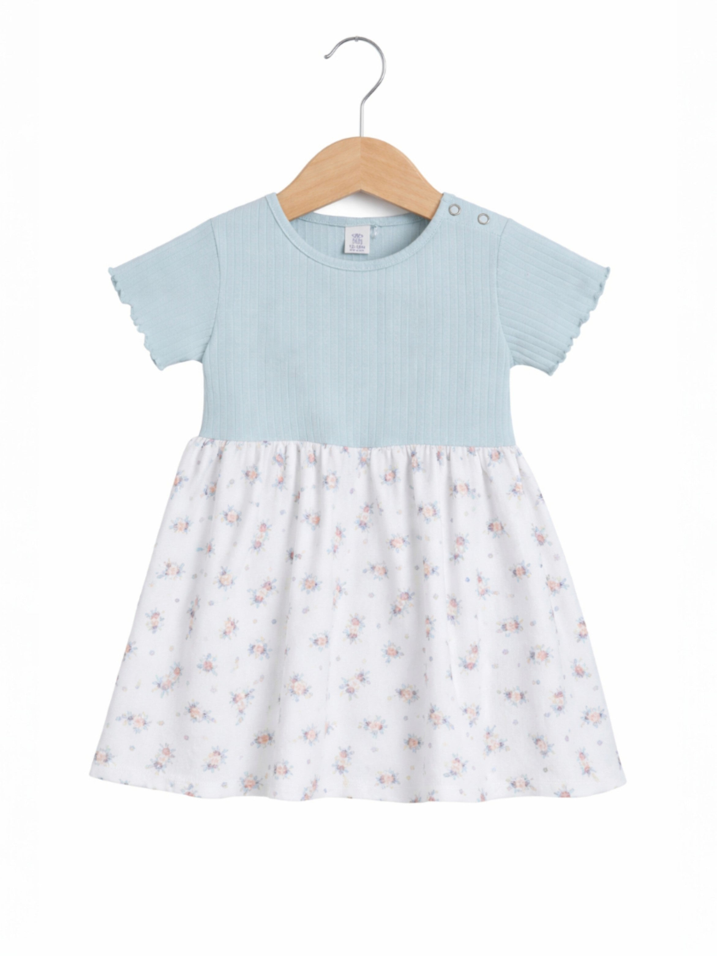 Infant Girls Drop Needle Dress With Floral Print Skirt (Mint Stripe Top)