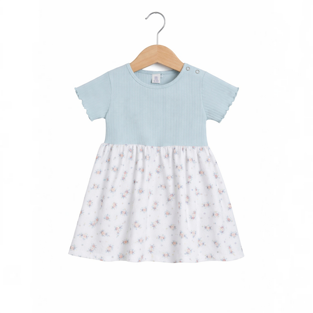 victor and jane baby girls short sleeve dress with a ribbed light blue bodice and white floral print skirt