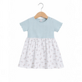 victor and jane baby girls short sleeve dress with a ribbed light blue bodice and white floral print skirt