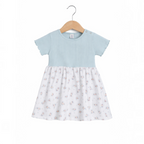 victor and jane baby girls short sleeve dress with a ribbed light blue bodice and white floral print skirt