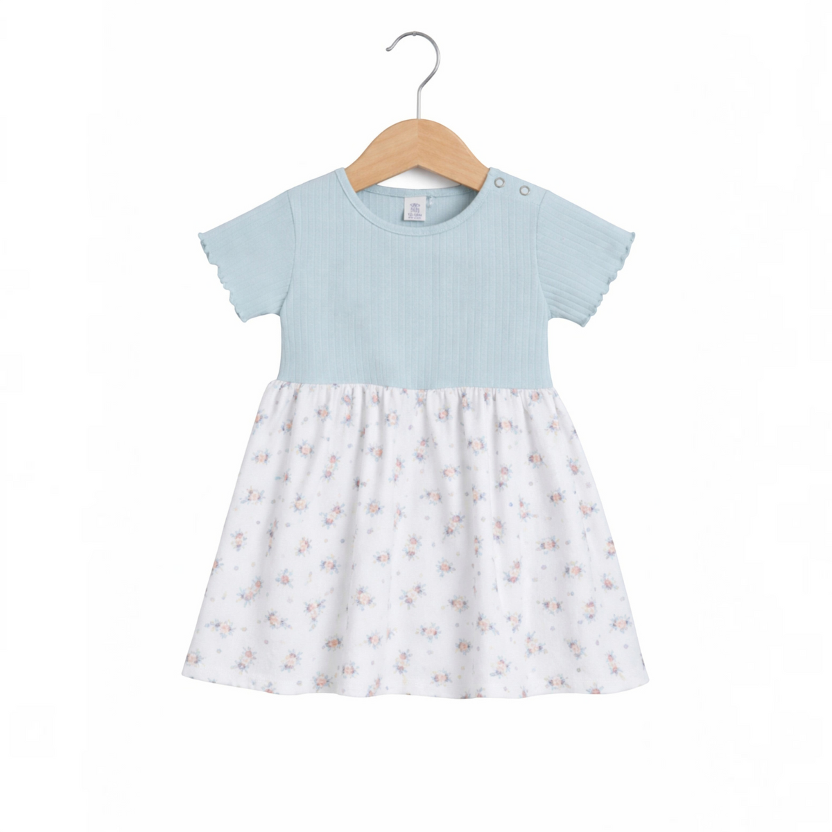victor and jane baby girls short sleeve dress with a ribbed light blue bodice and white floral print skirt