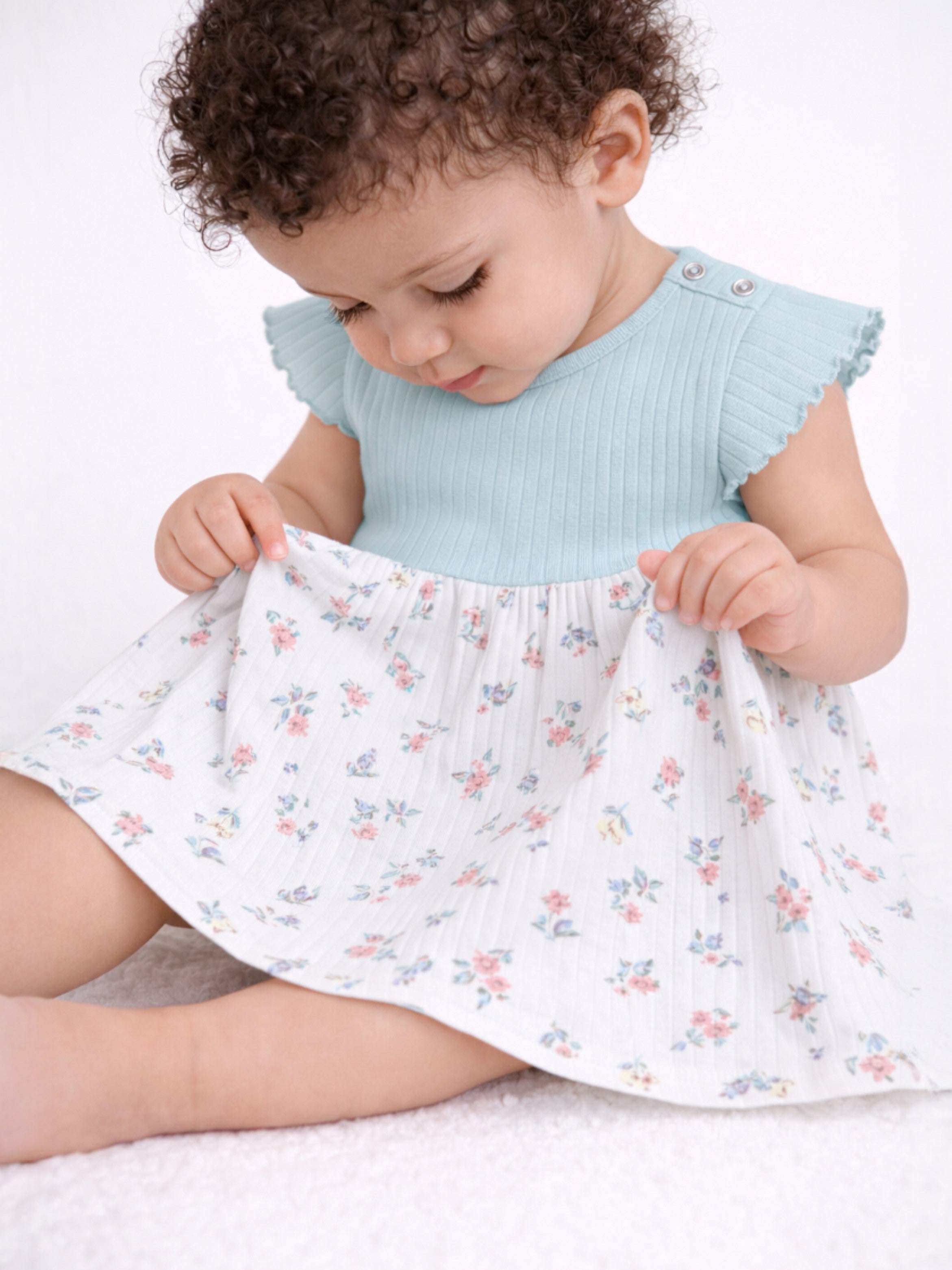 Infant Girls Drop Needle Dress With Floral Print Skirt (Mint Stripe Top)