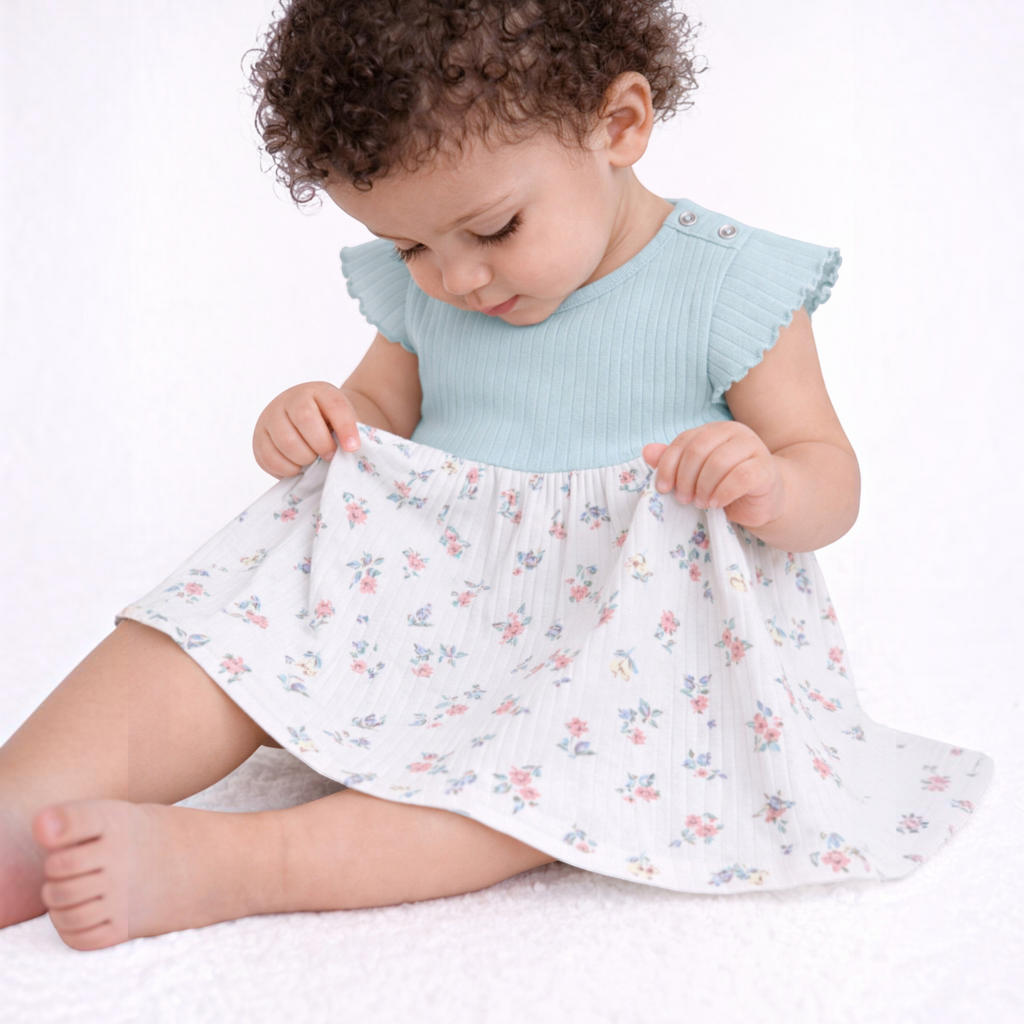 victor and jane baby girl wearing a light blue ribbed dress with a white floral skirt and ruffled cap sleeves