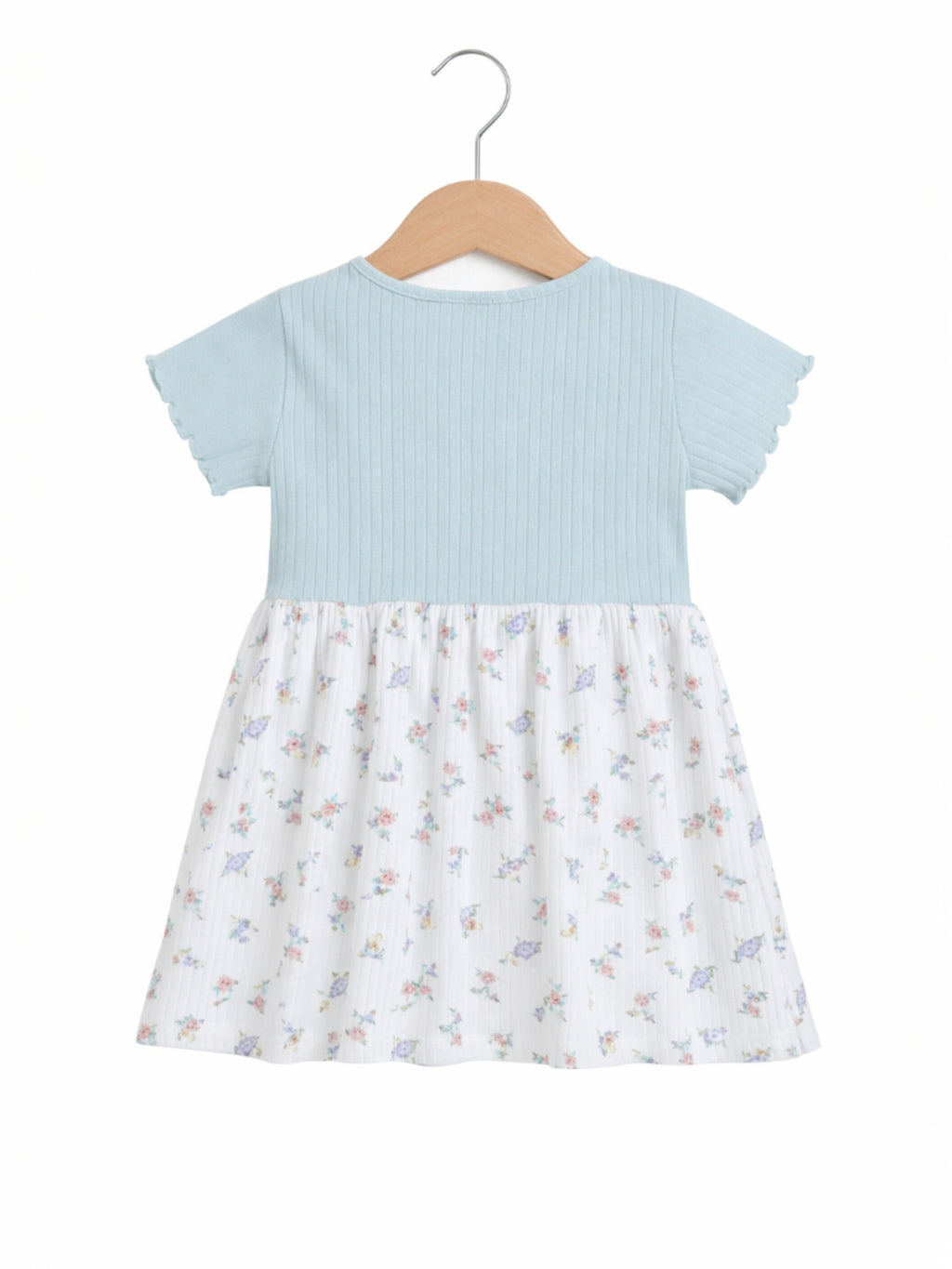 Infant Girls Drop Needle Dress With Floral Print Skirt (Mint Stripe Top)