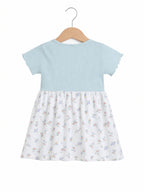 Infant Girls Drop Needle Dress With Floral Print Skirt (Mint Stripe Top)