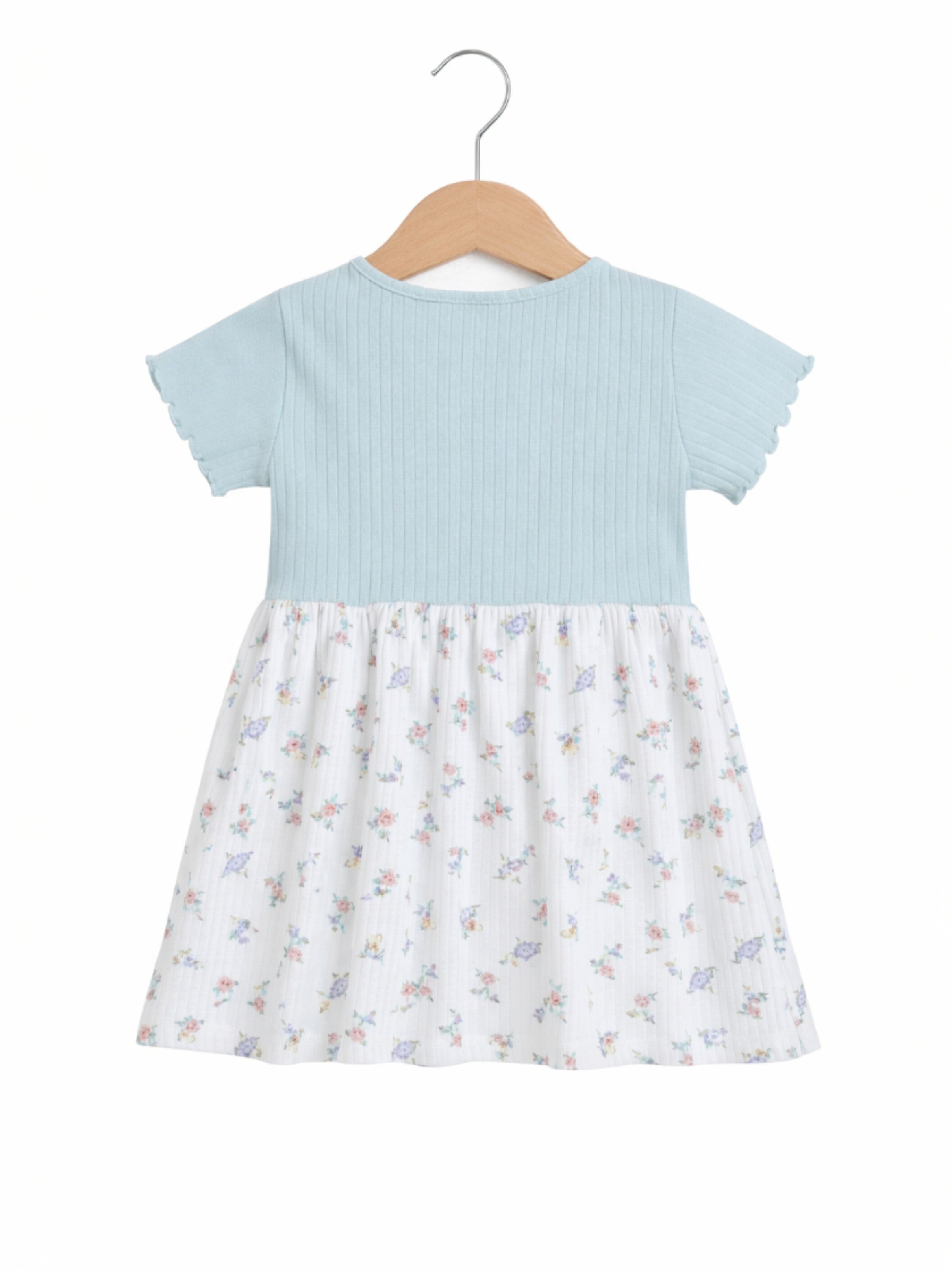 Infant Girls Drop Needle Dress With Floral Print Skirt (Mint Stripe Top)