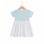 victor and jane baby girls dress with a light blue ribbed bodice and a white floral print skirt on a wooden hanger